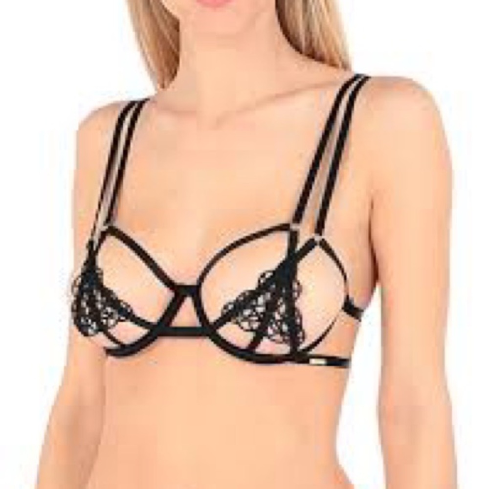 Bluebella Simone Black Lace Strappy Bra open cup lingerie 32dd ouvert cut out
